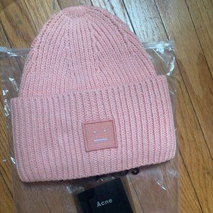 Blush/Pink Acne Studios Ribbed Beanie with Smiley Face Logo